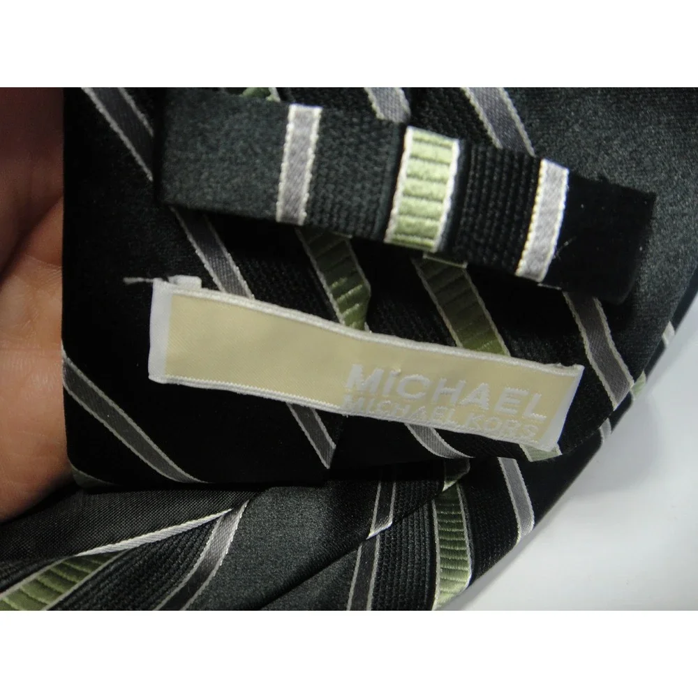 Michael Kors Mens Silk Necktie Black Lime Green Silver Diagonal Stripe RN 121148